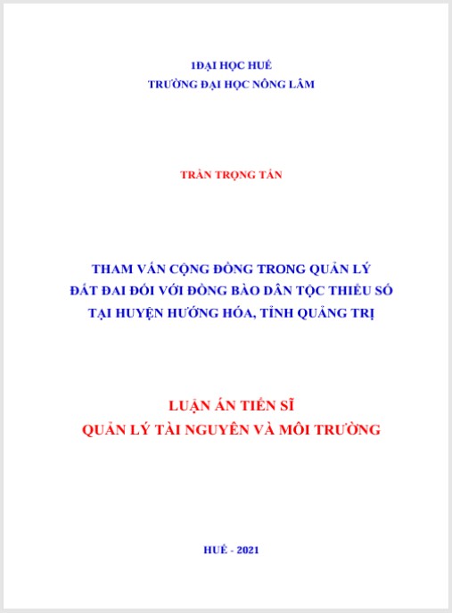 Luận án Tham Vấn Cộng Đồng Trong Quản Lý Đất Đai Đối Với Đồng Bào Dân Tộc Thiểu Số Tại Huyện Hướng Hóa, Tỉnh Quảng Trị