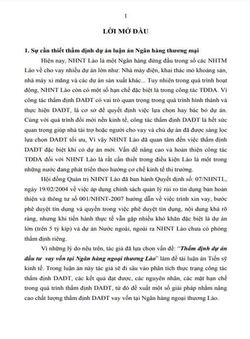 Luận án Thẩm định dự án đầu tư vay vốn tại Ngân hàng Ngoại thương Lào