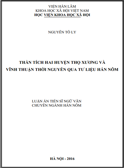 Luận án Thần tích hai huyện Thọ Xương và Vĩnh Thuận thời Nguyễn qua tư liệu Hán Nôm