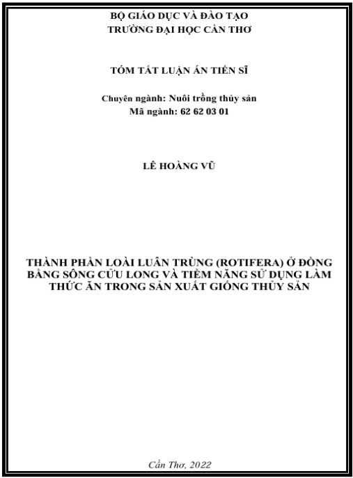 Luận án Thành phần loài luân trùng (rotifera) ở đồng bằng sông cửu long và tiềm năng sử dụng làm thức ăn trong sản xuất giống thủy sản