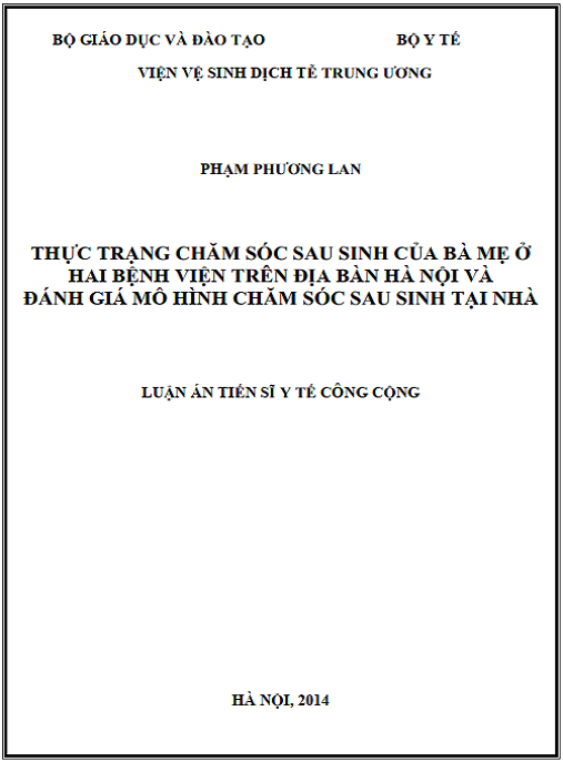 Luận án Thực trạng chăm sóc sau sinh của bà mẹ đến sinh con tại hai bệnh viện ở Hà nội và đánh giá hiệu quả mô hình chăm sóc sau sinh tại nhà