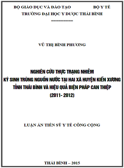 Luận án Thực trạng nhiễm mầm bệnh ký sinh trùng nguồn nước sinh hoạt ở 2 xã huyện Kiến Xương tỉnh Thái Bình và hiệu quả biện pháp can thiệp (2011- 2012)