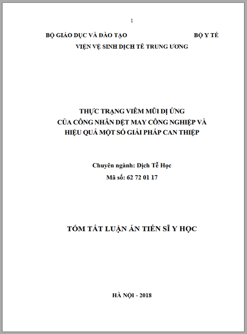 Luận án Thực trạng viêm mũi dị ứng của công nhân dệt may công nghiệp và hiệu quả một số giải pháp can thiệp