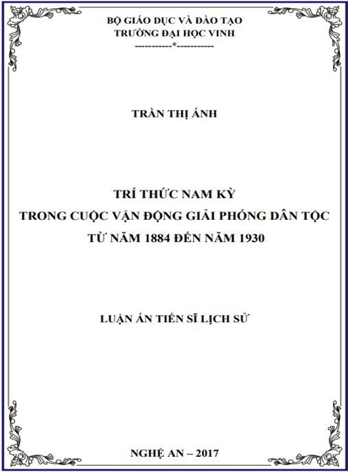 Luận án Trí thức Nam Kỳ trong cuộc vận động giải phóng dân tộc từ năm 1884 đến năm 1930