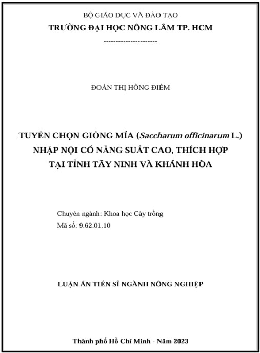 Luận án Tuyển chọn giống mía (Saccharum officinarum L.) nhập nội có năng suất cao, thích hợp tại tỉnh Tây Ninh và Khánh Hòa