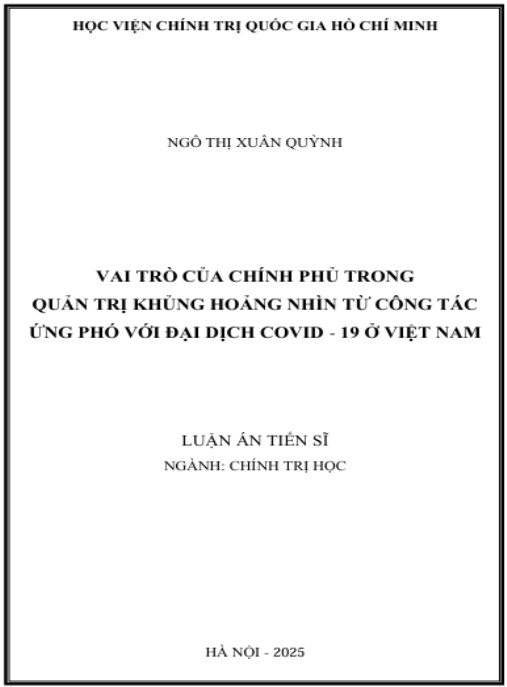 Luận án Vai trò của chính phủ trong quản trị khủng hoảng từ công tác ứng phó với đại dịch Covid – 19 ở Việt Nam
