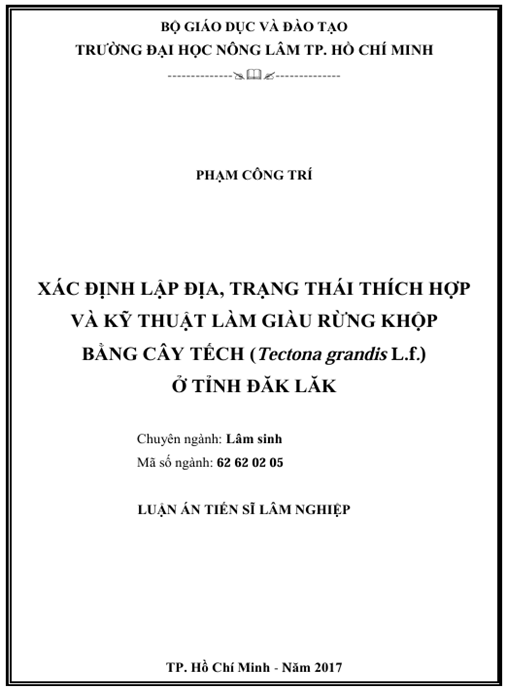 Luận án Xác định lập địa, trạng thái thích hợp và kỹ thuật làm giàu rừng khộp bằng cây tếch (Tectona grandis L.f) ở Dak Lak