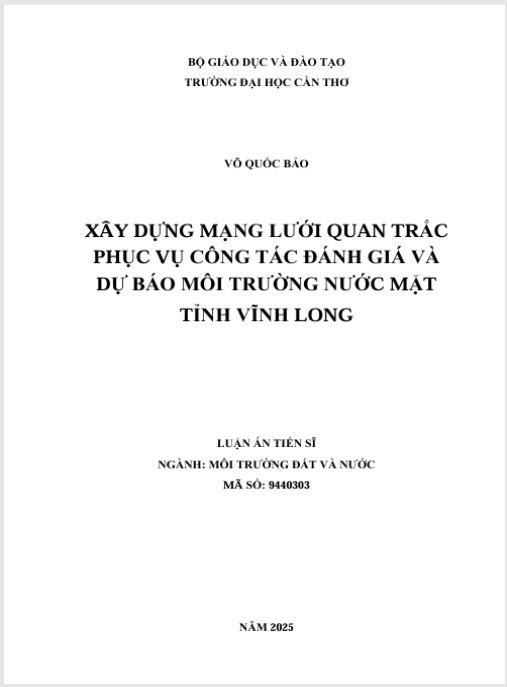 Luận án Xây dựng mạng lưới quan trắc phục vụ công tác đánh giá và dự báo môi trường nước mặt tỉnh Vĩnh Long