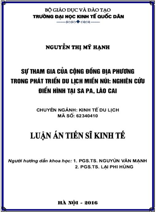 Luận án Sự tham gia của cộng đồng địa phương trong phát triển du lịch miền núi. Nghiên cứu điển hình tại Sa Pa, Lào Cai.