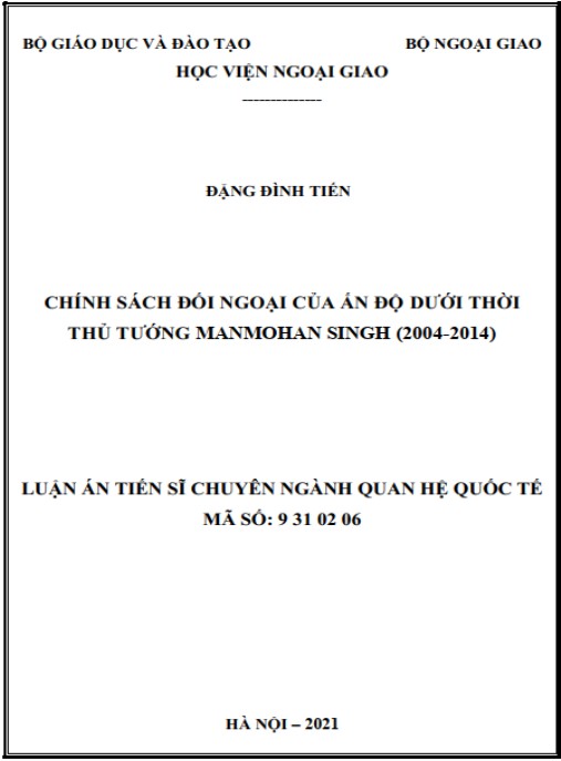 Luận án Chính sách đối ngoại của Ấn Độ dưới thời Thủ tướng Manmohan Singh (2004-2014)