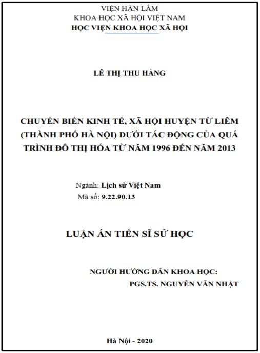 Luận án Chuyển biến kinh tế, xã hội huyện Từ Liêm, thành phố Hà Nội dưới tác động của quá trình đô thị hóa từ năm 1996 đến năm 2013