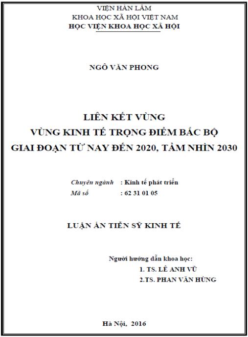 Luận án Liên kết vùng kinh tế trọng điểm Bắc Bộ giai đoạn từ nay đến năm 2020, tầm nhìn 2030