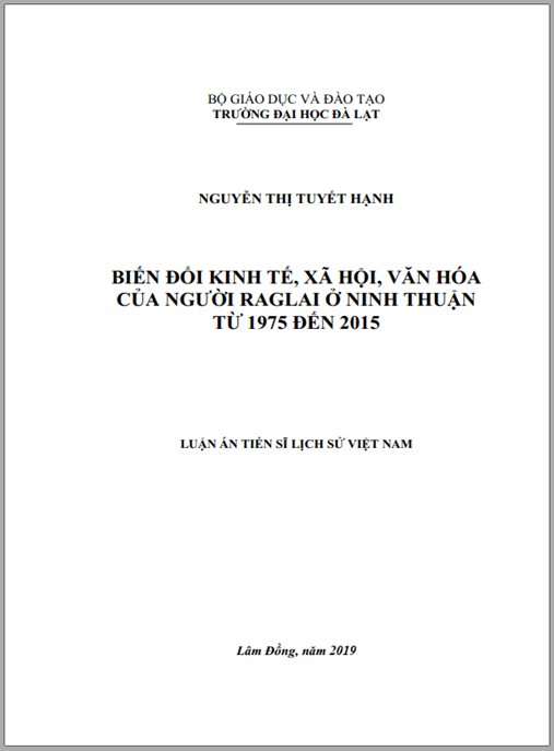 Luận án Biến đổi kinh tế, xã hội, văn hóa của người Raglai ở Ninh Thuận từ 1975 đến 2015