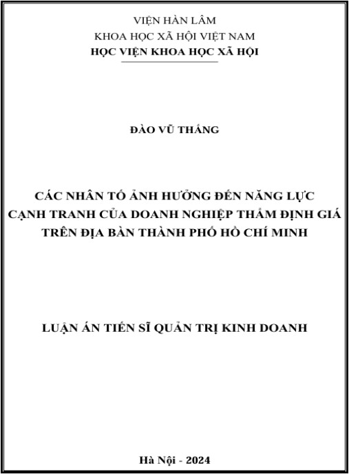 Luận án Các nhân tố ảnh hưởng đến năng lực cạnh tranh của doanh nghiệp thẩm định giá trên địa bàn Thành phố Hồ Chí Minh