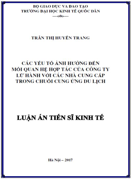 Luận án Các yếu tố ảnh hưởng đến mối quan hệ hợp tác của công ty lữ hành với các nhà cung cấp trong chuỗi cung ứng du lịch