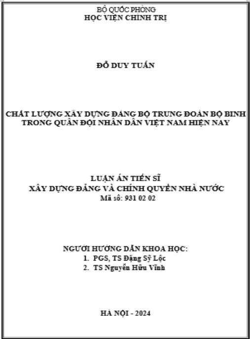 Luận án Chất lượng xây dựng đảng bộ trung đoàn bộ binh trong Quân đội nhân dân Việt Nam hiện nay