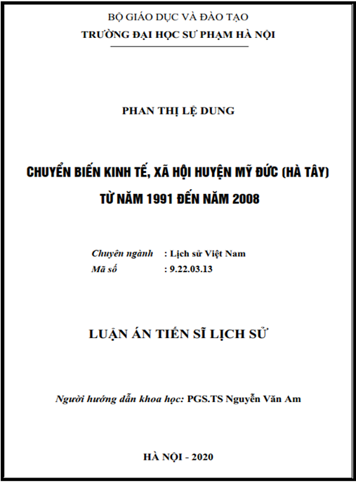 Luận án Chuyển biến kinh tế, xã hội huyện Mỹ Đức (Hà Tây) từ năm 1991 đến năm 2008.