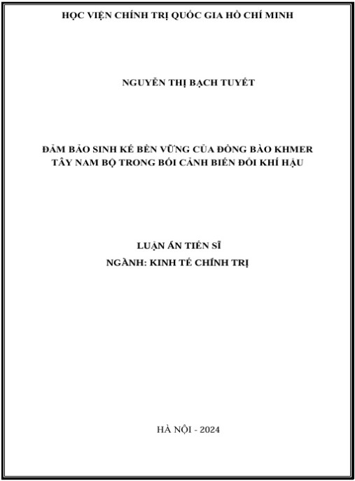 Luận án Đảm bảo sinh kế bền vững của đồng bào Khmer Tây Nam Bộ trong bối cảnh biến đổi khí hậu
