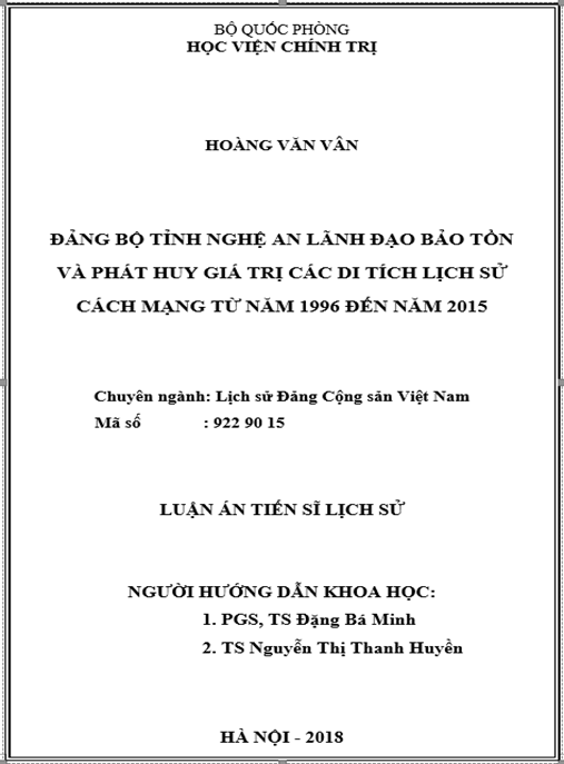 Luận án Đảng bộ tỉnh Nghệ An lãnh đạo bảo tồn và phát huy giá trị các di tích lịch sử cách mạng từ năm 1996 đến năm 2015