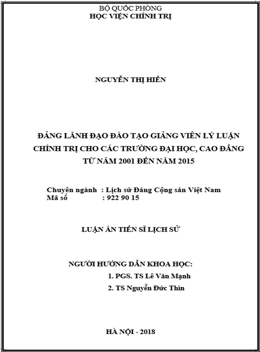 Luận án Đảng lãnh đạo đào tạo giảng viên lý luận chính trị cho các trường đại học, cao đẳng từ năm 2001 đến năm 2015