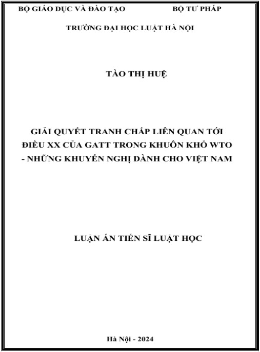 Luận án Giải quyết tranh chấp liên quan tới Điều XX của GATT trong khuôn khổ WTO – những khuyến nghị dành cho Việt Nam