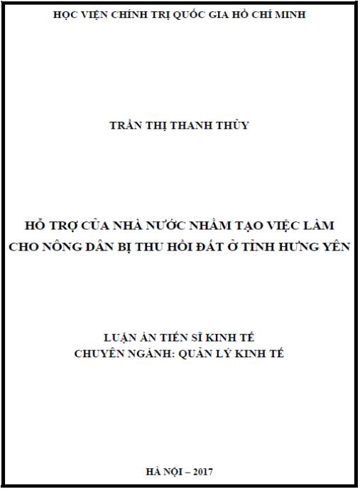 Luận án Hỗ trợ của Nhà nước nhằm tạo việc làm cho nông dân bị thu hồi đất ở tỉnh Hưng Yên
