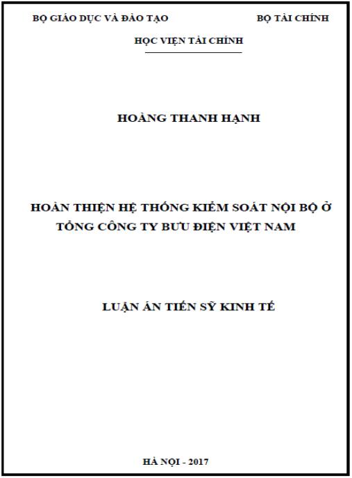 Luận án Hoàn thiện hệ thống kiểm soát nội bộ ở Tổng công ty Bưu điện Việt Nam