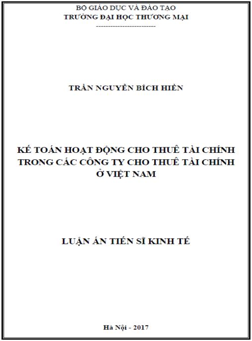 Luận án Kế toán hoạt động cho thuê tài chính trong các công ty cho thuê tài chính ở Việt Nam