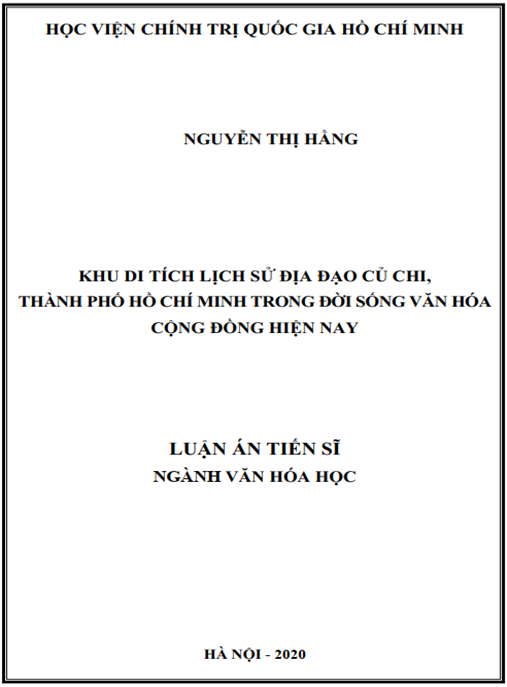 Luận án Khu di tích lịch sử Địa đạo Củ Chi, Thành phố Hồ Chí Minh trong đời sống văn hóa cộng đồng hiện nay