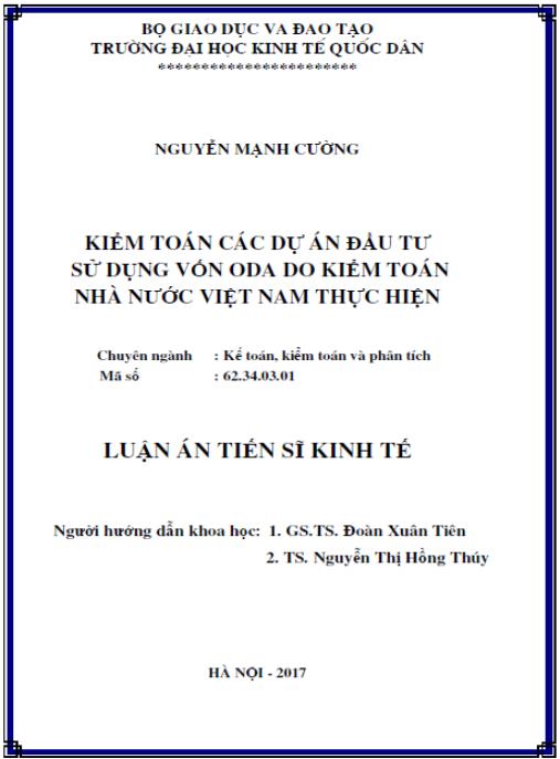 Luận án Kiểm toán các dự án đầu tư sử dụng vốn ODA do Kiểm toán nhà nước Việt Nam thực hiện