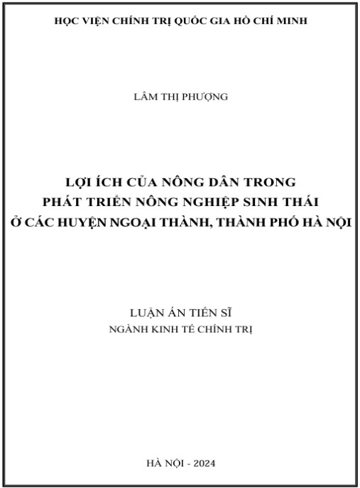 Luận án Lợi ích của nông dân trong phát triển nông nghiệp sinh thái ở các huyện ngoại thành, thành phố Hà Nội