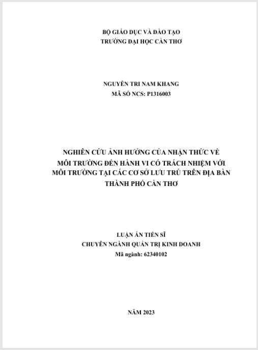Luận án Nghiên cứu ảnh hưởng của nhận thức về môi trường đến hành vi có trách nhiệm với môi trường tại các cơ sở lưu trú trên địa bàn thành phố Cần Thơ