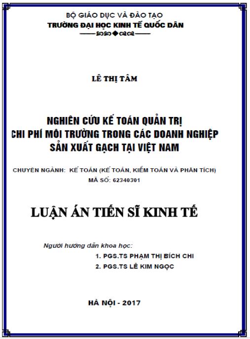 Luận án Nghiên cứu kế toán quản trị chi phí môi trường trong các doanh nghiệp sản xuất gạch tại Việt Nam