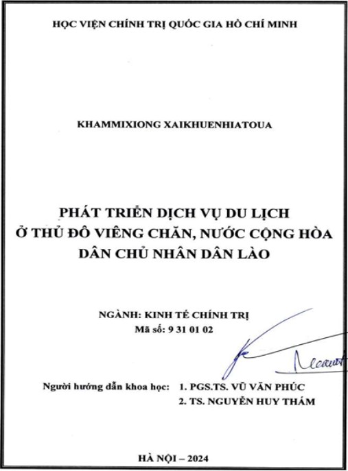 Luận án Phát triển dịch vụ du lịch ở thủ đô Viêng Chăn, nước Cộng hòa Dân chủ Nhân dân Lào