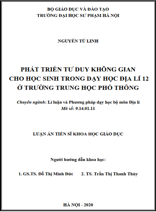 Luận án Phát triển tư duy không gian cho học sinh trong dạy học Địa lí 12 ở trường Trung học phổ thông