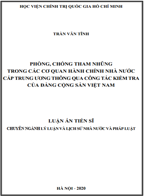 Luận án Phòng, chống tham nhũng trong các cơ quan hành chính nhà nước cấp trung ương qua công tác kiểm tra của Đảng Cộng sản Việt Nam