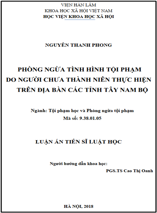 Luận án Phòng ngừa tình hình tội phạm do người chưa thành niên thực hiện trên địa bàn các tỉnh Tây Nam Bộ