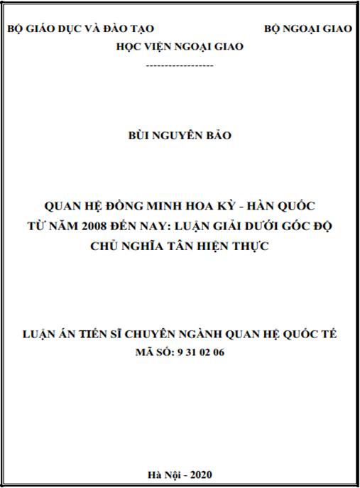 Luận án Quan hệ đồng minh Hoa Kỳ – Hàn Quốc từ năm 2008 đến nay – Luận giải dưới góc độ Chủ nghĩa Tân Hiện thực”