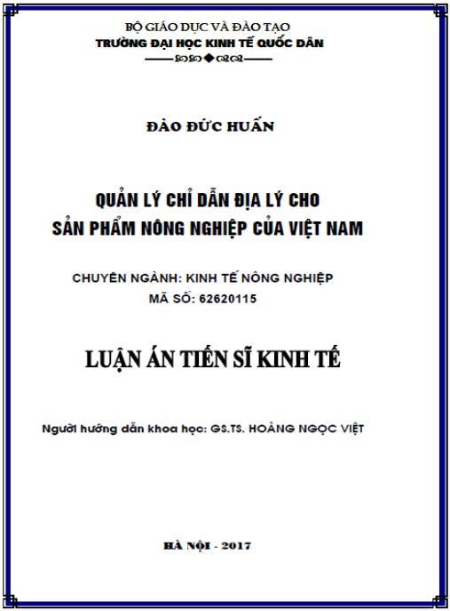 Luận án Quản lý chỉ dẫn địa lý cho sản phẩm nông nghiệp của Việt Nam