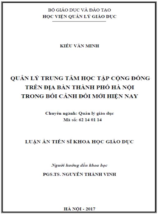 Luận án Quản lý trung tâm học tập cộng đồng trên địa bàn thành phố Hà Nội trong bối cảnh đổi mới hiện nay