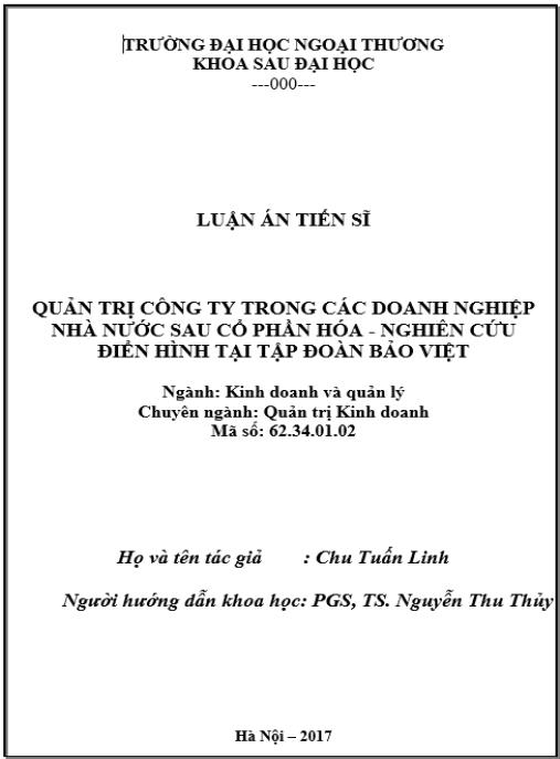 Luận án Quản trị công ty trong các doanh nghiệp nhà nước sau cổ phần hóa- Nghiên cứu điển hình tại Tập đoàn Bảo Việt.