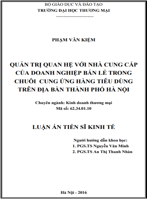 Luận án Quản trị quan hệ với nhà cung cấp của doanh nghiệp bán lẻ trong chuỗi cung ứng hàng tiêu dùng trên địa bàn thành phố Hà Nội