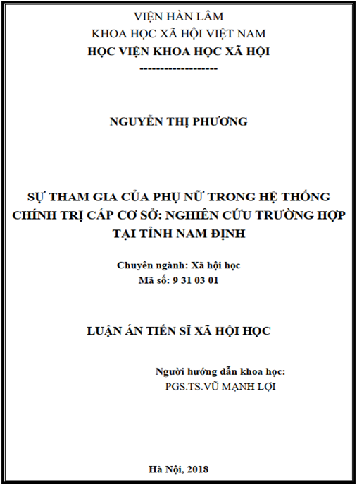 Luận án Sự tham gia của phụ nữ trong hệ thống chính trị cấp cơ sở – nghiên cứu trường hợp tại tỉnh Nam Định