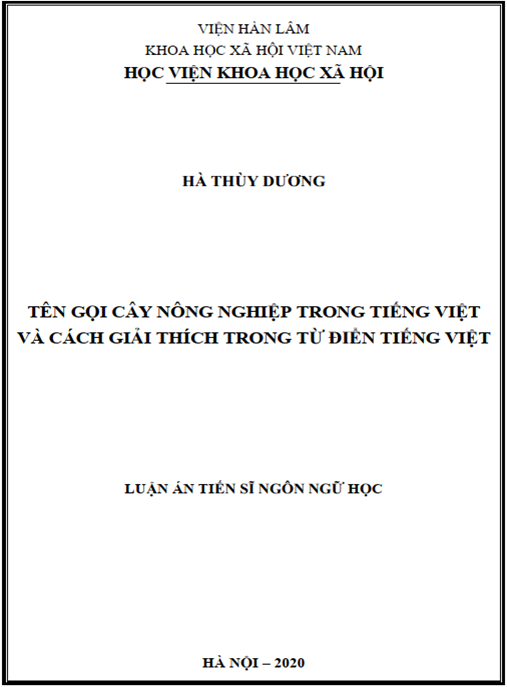 Luận án Tên gọi cây nông nghiệp trong tiếng Việt và cách giải thích trong từ điển tiếng Việt