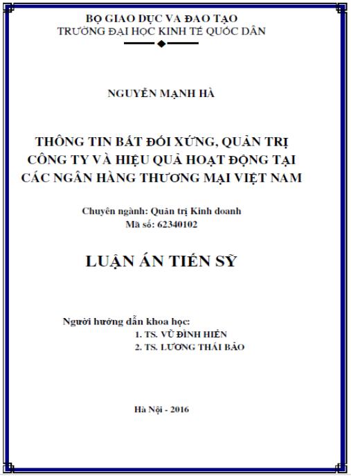 Luận án Thông tin bất đối xứng, quản trị công ty và hiệu quả hoạt dộng tại các ngân hàng thương mại Việt Nam”