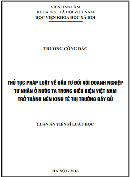 Luận án Thủ tục pháp luật về đầu tư đối với doanh nghiệp tư nhân ở nước ta trong điều kiện Việt Nam trở thành nền kinh tế thị trường đầy đủ