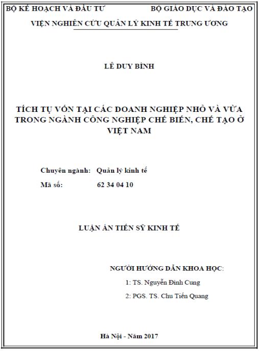 Luận án Tích tụ vốn tại các doanh nghiệp nhỏ và vừa trong ngành công nghiệp chế biến, chế tạo ở Việt Nam