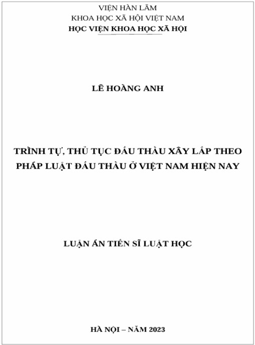 Luận án Trình tự, thủ tục đấu thầu xây lắp theo pháp luật đấu thầu ở Việt Nam hiện nay
