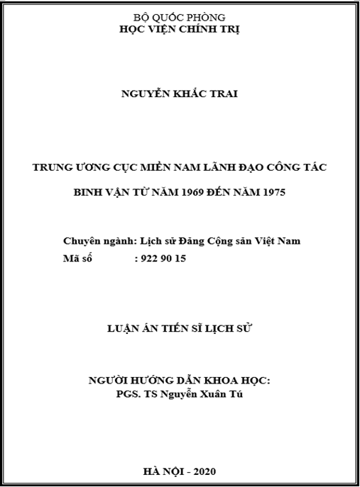 Luận án Trung ương Cục miền Nam lãnh đạo công tác binh vận từ năm 1969 đến năm 1975