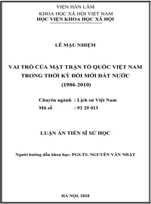 Luận án Vai trò của Mặt trận Tổ quốc Việt Nam trong thời kỳ đổi mới đất nước (1986-2010)